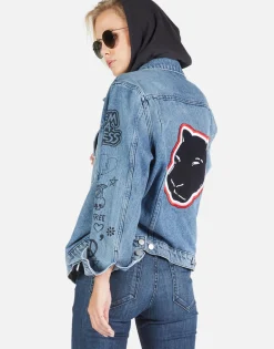 Clearance Varsity Panther Denim Boyfriend Jacket W/ Hood By Women Jackets