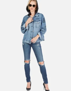 Clearance Varsity Panther Denim Boyfriend Jacket W/ Hood By Women Jackets