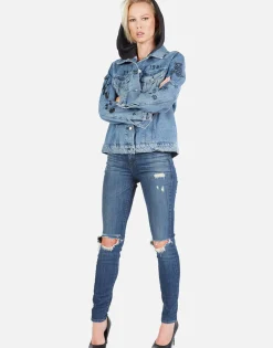 Clearance Varsity Panther Denim Boyfriend Jacket W/ Hood By Women Jackets
