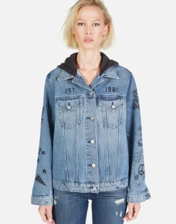 Clearance Varsity Panther Denim Boyfriend Jacket W/ Hood By Women Jackets