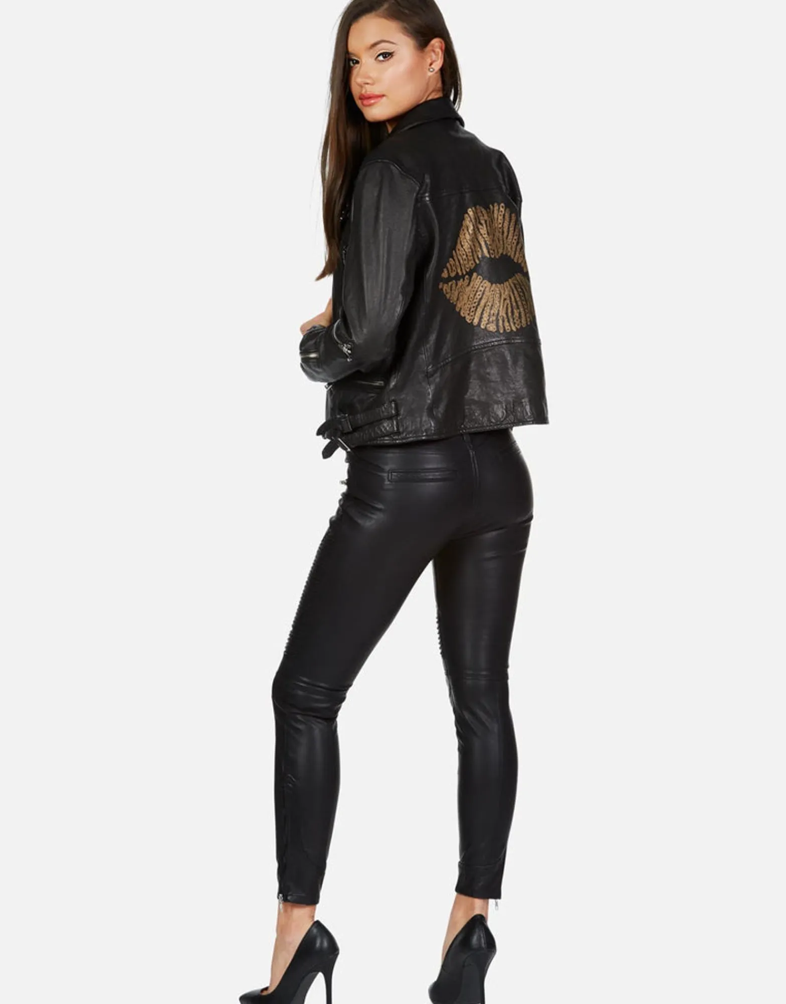 Online X Posey X Gold Chain Kiss Leather Moto Jacket By Women Jackets