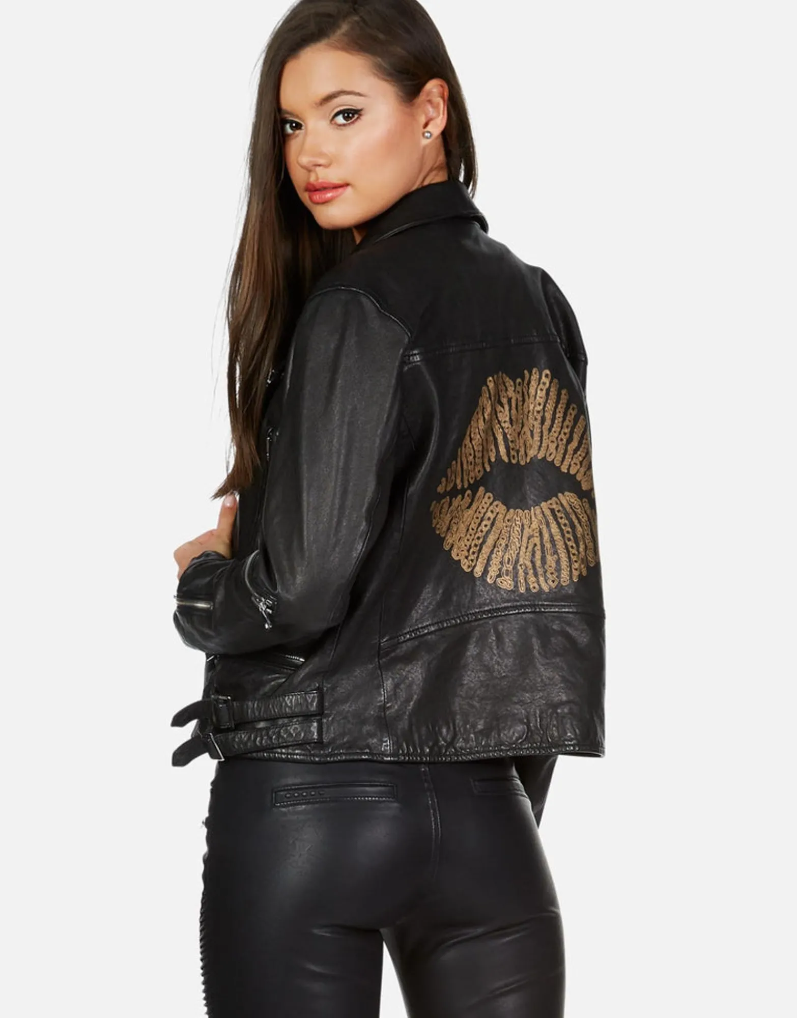 Online X Posey X Gold Chain Kiss Leather Moto Jacket By Women Jackets