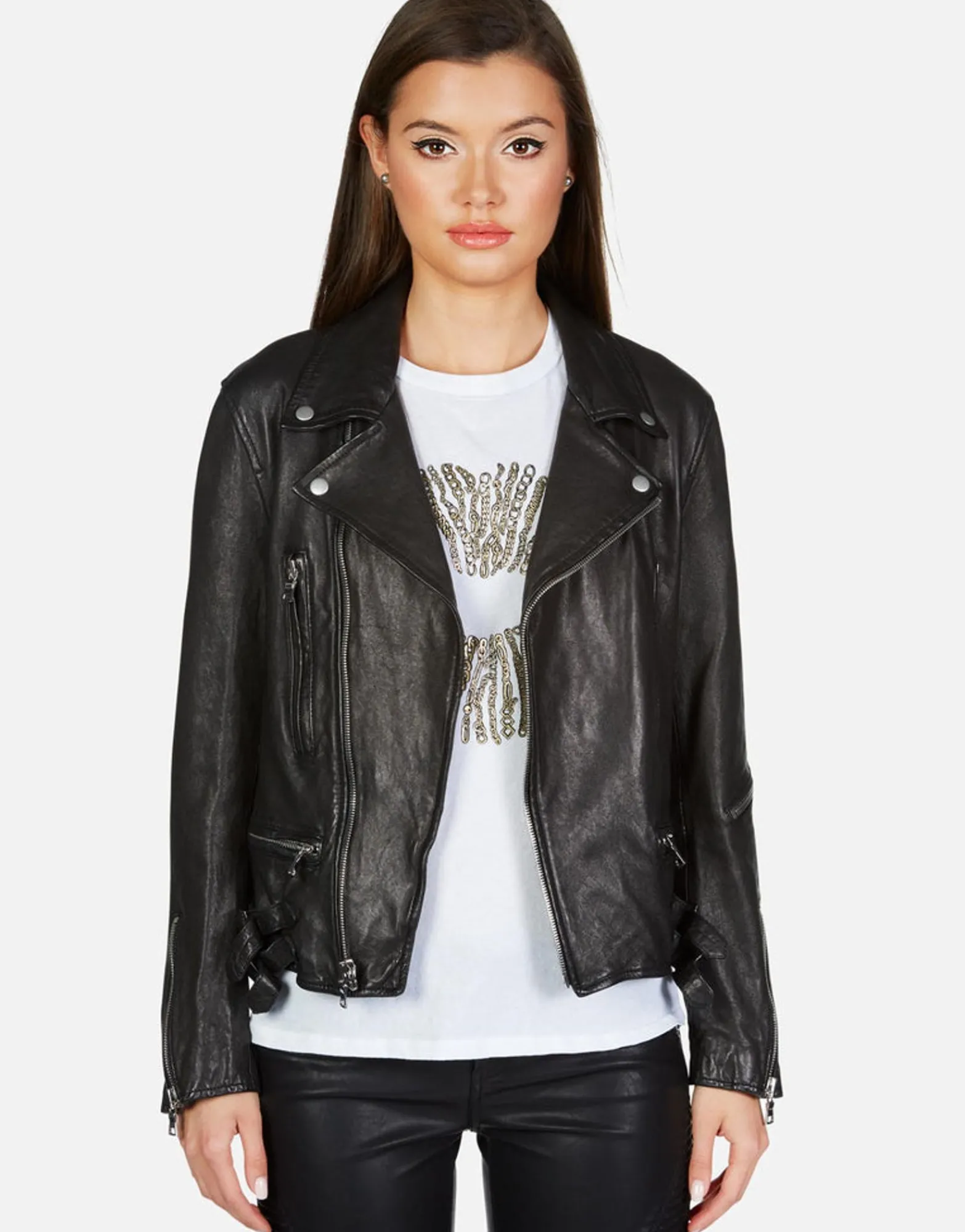 Online X Posey X Gold Chain Kiss Leather Moto Jacket By Women Jackets